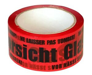 Packband PVC rot 50mmx66m schwarzer Druck: Vorsicht Glas