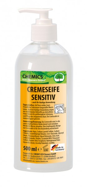 Cremeseife Sensitiv weiß, im praktischen Pumpspender. 500 ml Flasche